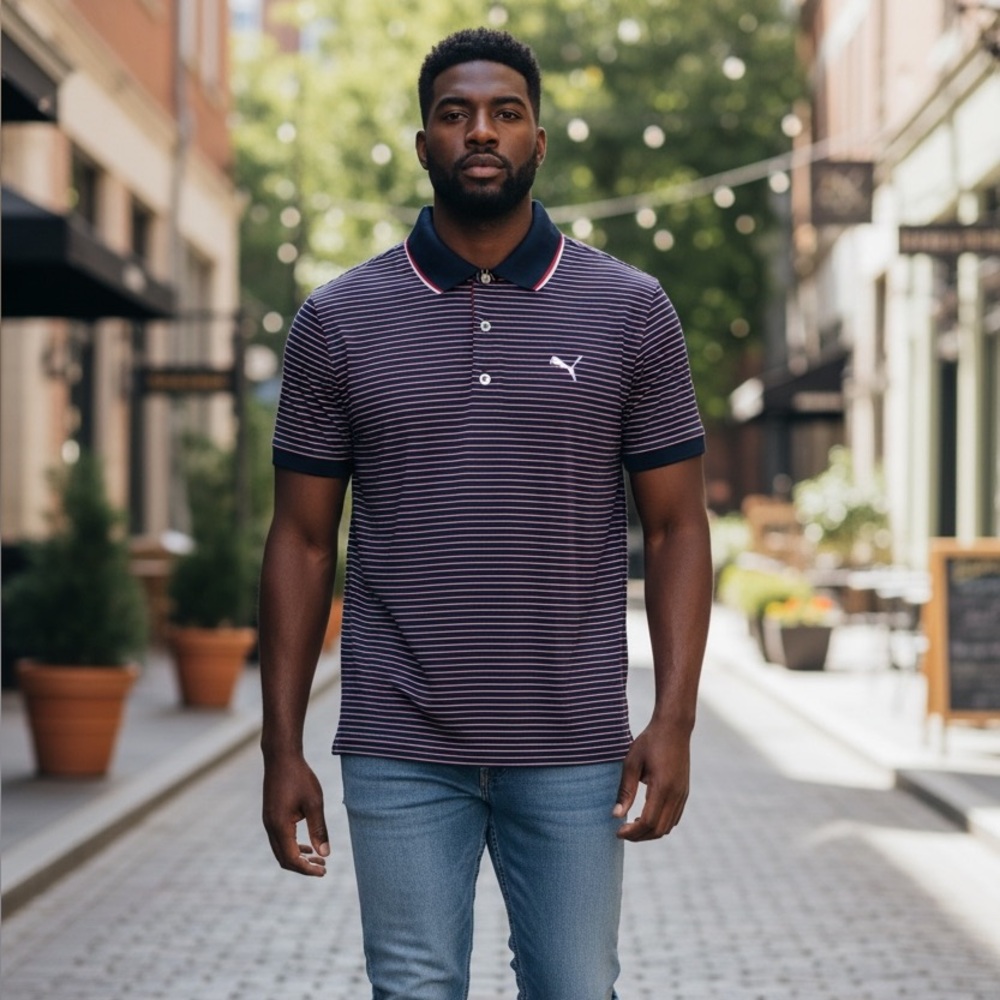 Puma Men's Navy Striped Polo Shirt